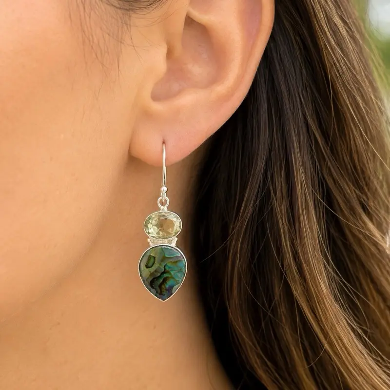 Green Amethyst & Abalone Shell Sterling Silver Earrings
