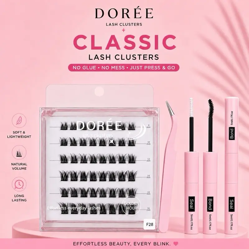 F28 (Soft Volume) Dorée classic Lash Clusters Kit 9–16mm | DIY Individual Lash Extensions with Bond & Seal, Waterproof, Tweezer Included