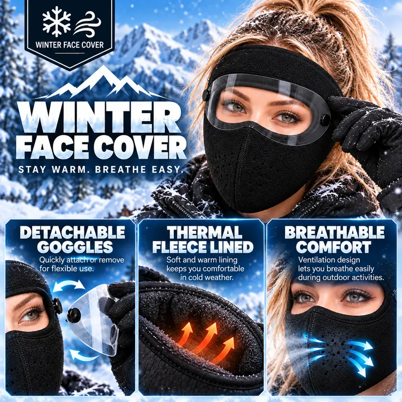Winter Face Mask with Detachable Goggles, Windproof Thermal Fleece Lined Full Face Cover for Men and Women, Breathable Cold Weather Protection for Outdoor Cycling Motorcycle Riding Skiing Snowboard rider Windproof face covers & mask headwear sport