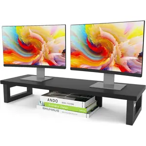 Dual Monitor Stand Riser, Wood and Steel Monitor Stand Riser, Computer Monitor Stand for 2 Monitors, Multi-Purpose Desktop Storage Stand for Computer,Laptop,Printer,TV