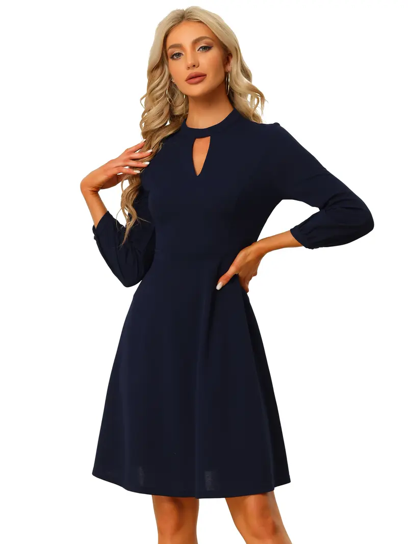 INSPIRE CHIC Women's Keyhole Dress 3/4 Sleeve Mock Neck A-line Formal Party Cocktail Dress Navy Blue