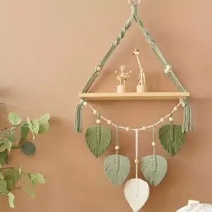 Macrame Wall Hanging Shelf, Boho Wall Plant Hanger Shelves With Handmade Woven Leaves, Wood Floating Shelf For Bedroom Living Room Apartment Home Decor
