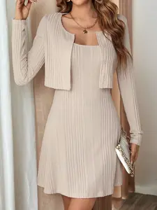 Women's Fashion Striped Knit Dress Set, Long Sleeve Outerwear & Comfortable Strap Skirt, Perfect for Autumn Winter Casual, Casual Comfy Classy, Womenswear