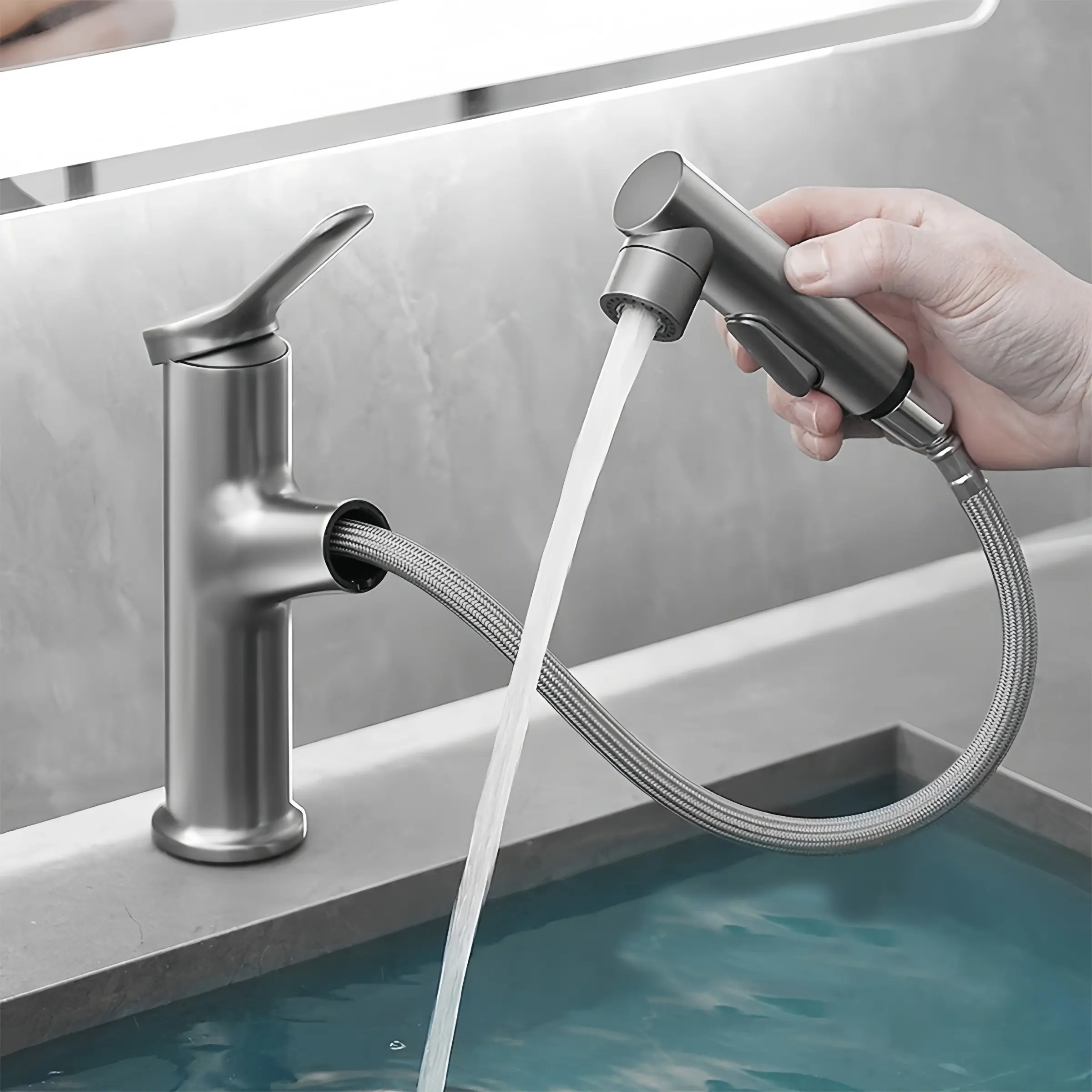 Bathroom Sink Pull-Out Cold Hot Water Mixer Tap, Single Hole Design, Suitable for Bathroom Sinks, Modern Style Faucet, Easy Installation, Bathroom Faucets, Basin Mixer Tap