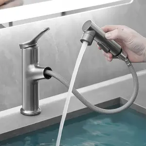 Bathroom Sink Pull-Out Cold Hot Water Mixer Tap, Single Hole Design, Suitable for Bathroom Sinks, Modern Style Faucet, Easy Installation