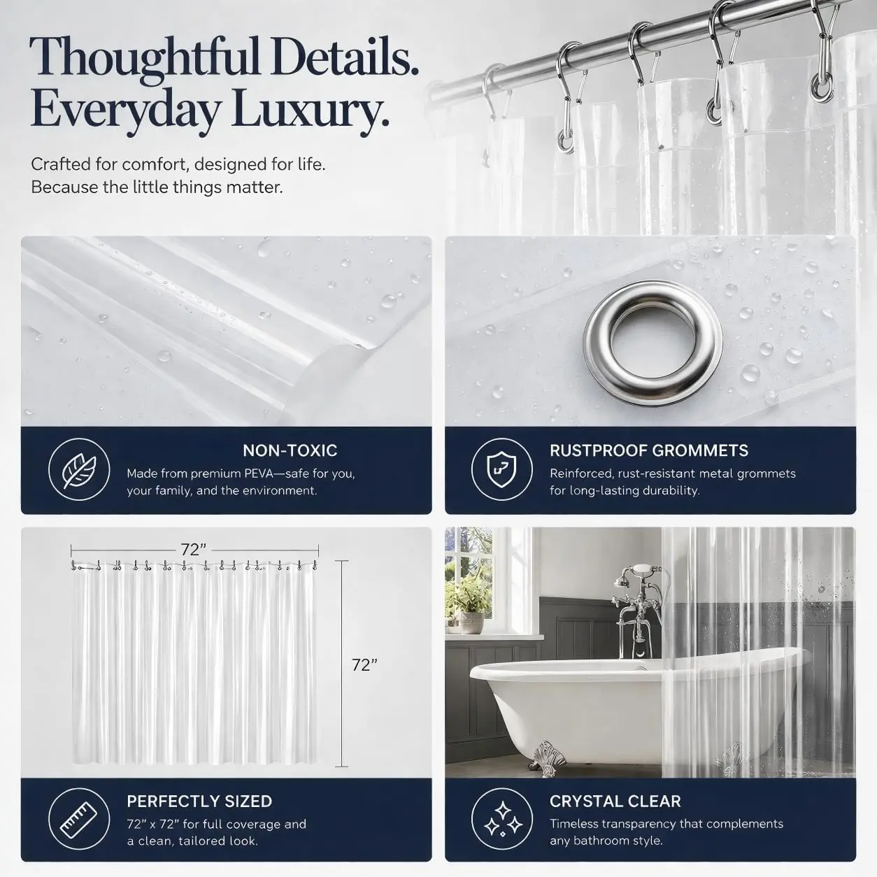 Crystal Clear Shower Curtain Liner 72x72, PEVA Waterproof Bath Curtain, No Chemical Smell, 3 Weighted Magnets, Durable with Rustproof Metal Grommets