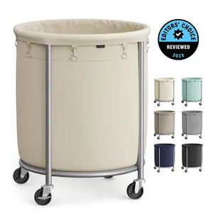 SONGMICS Laundry Basket with Wheels, Rolling Laundry Hamper, Round Laundry Cart with Steel Frame and Removable Bag ,Organiser