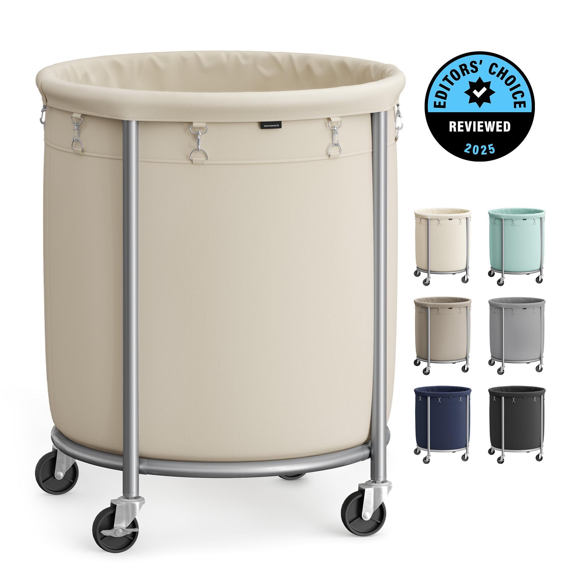 SONGMICS Laundry Basket with Wheels, Rolling Laundry Hamper, Round Laundry Cart with Steel Frame and Removable Bag ,Orga
