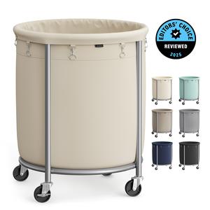 【Deals For You】SONGMICS Laundry Basket with Wheels, Rolling Laundry Hamper, Round Laundry Cart with Steel Frame and Removable Bag ,Organiser
