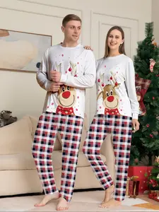 Christmas Couple Matching Homeewear Set, Loose Fit Long Sleeve Pants, Soft Breathable Fabric, Holiday Party Family Photo, Plaid & Deer Print