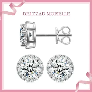 Delzzad S925 Halo VVS Synthetic Moissanite Stud Earring Daily Costume Jewelry Accessories Perfect Birthday Wedding Anniversary Gifts for Women