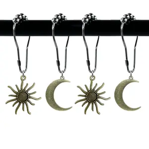 Moon & Sun Design Shower Curtain Hook, 12pcs/set Iron Shower Curtain Hook, Decorative Shower Curtain Hook, Bathroom Accessories, Bathroom Supplies for Home Bathroom, Bathroom Decoration Accessories