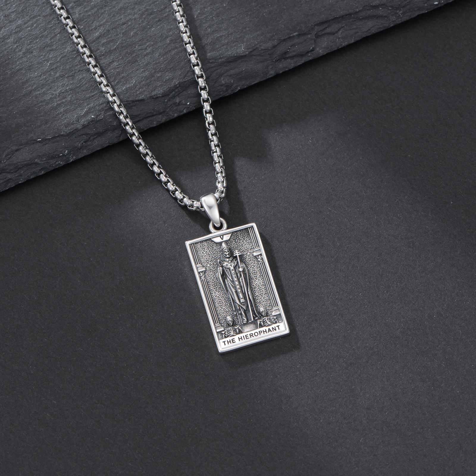 MEIDERBO Dream Chaser The Hierophant Necklace 925 Sterling Silver Oxidized Finish Tarot Pendant Stainless Steel Bead Chain 22+2 Inch Bella Chain Spiritual Jewelry
