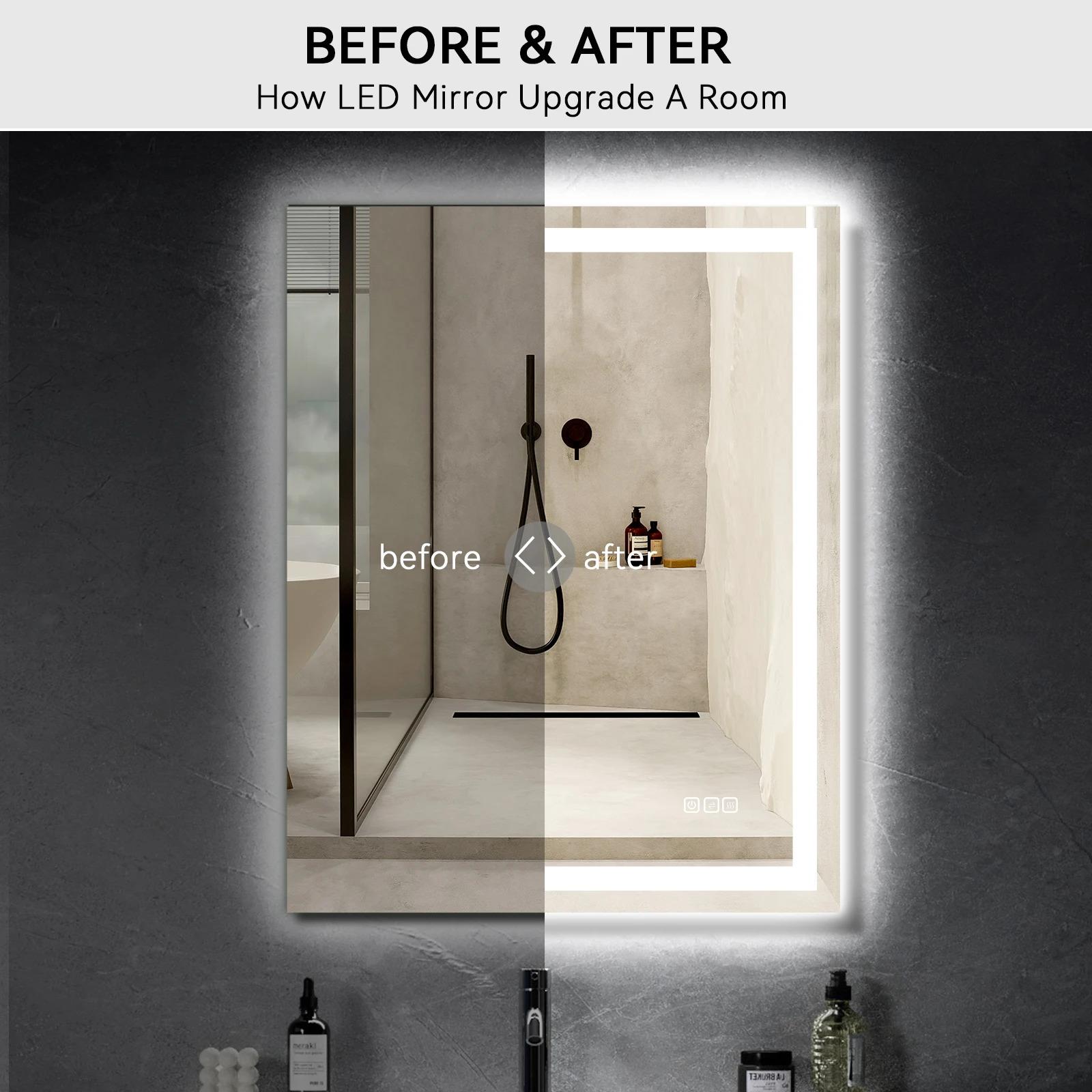 US Local Stock 28W 36H Inch Tempered Frameless Touch Adjustable Anti Fog Led Light Smart Bathroom Mirror With Led Light