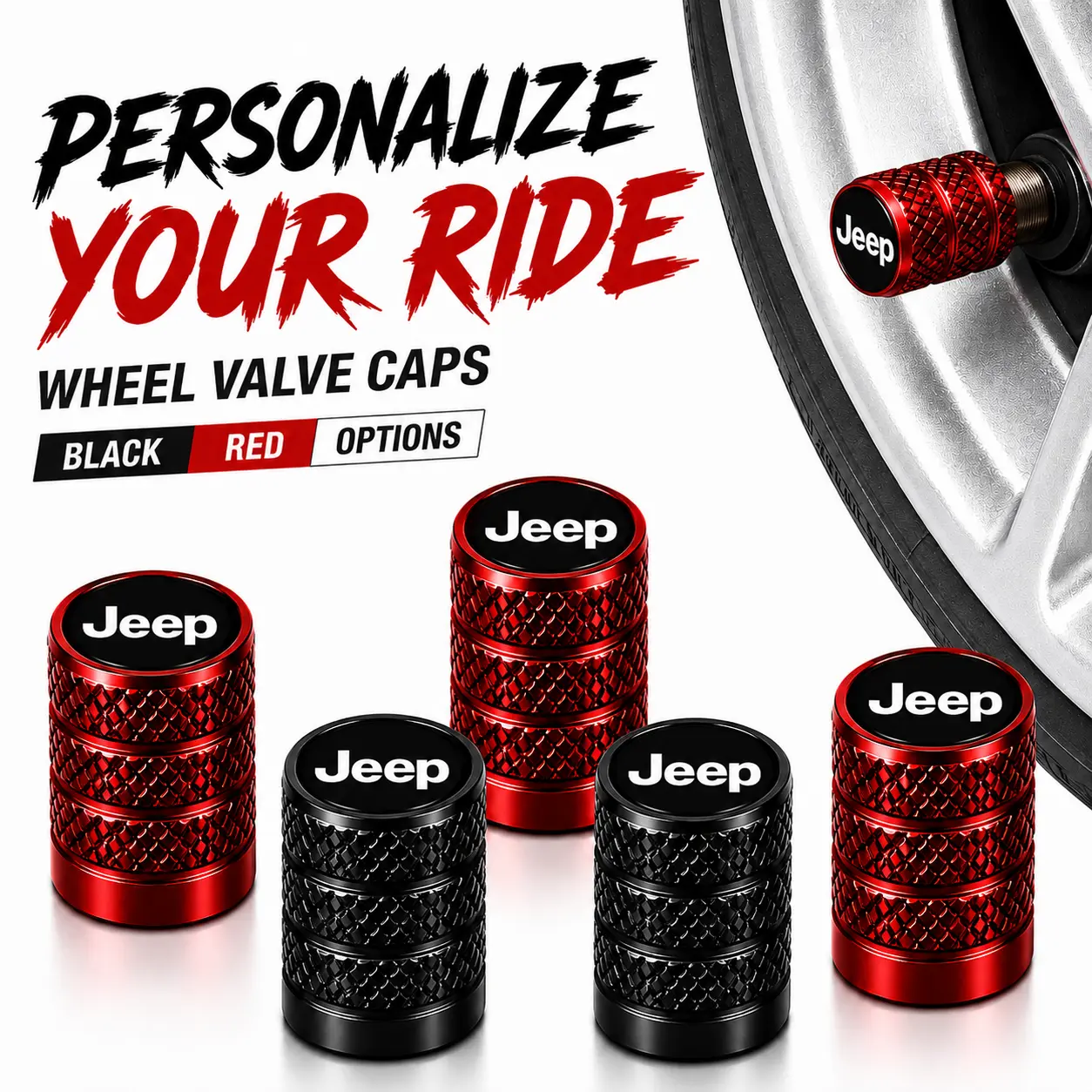 Jeep Logo Knurled Aluminium Tire Valve Stem Caps, Rubber O-Ring Leakproof Anti-Corrosion Dustproof, TPMS-Safe Easy-Install for Wrangler Grand Cherokee Off-Road Vehicles, Universal Schrader Valve Wheel Decor