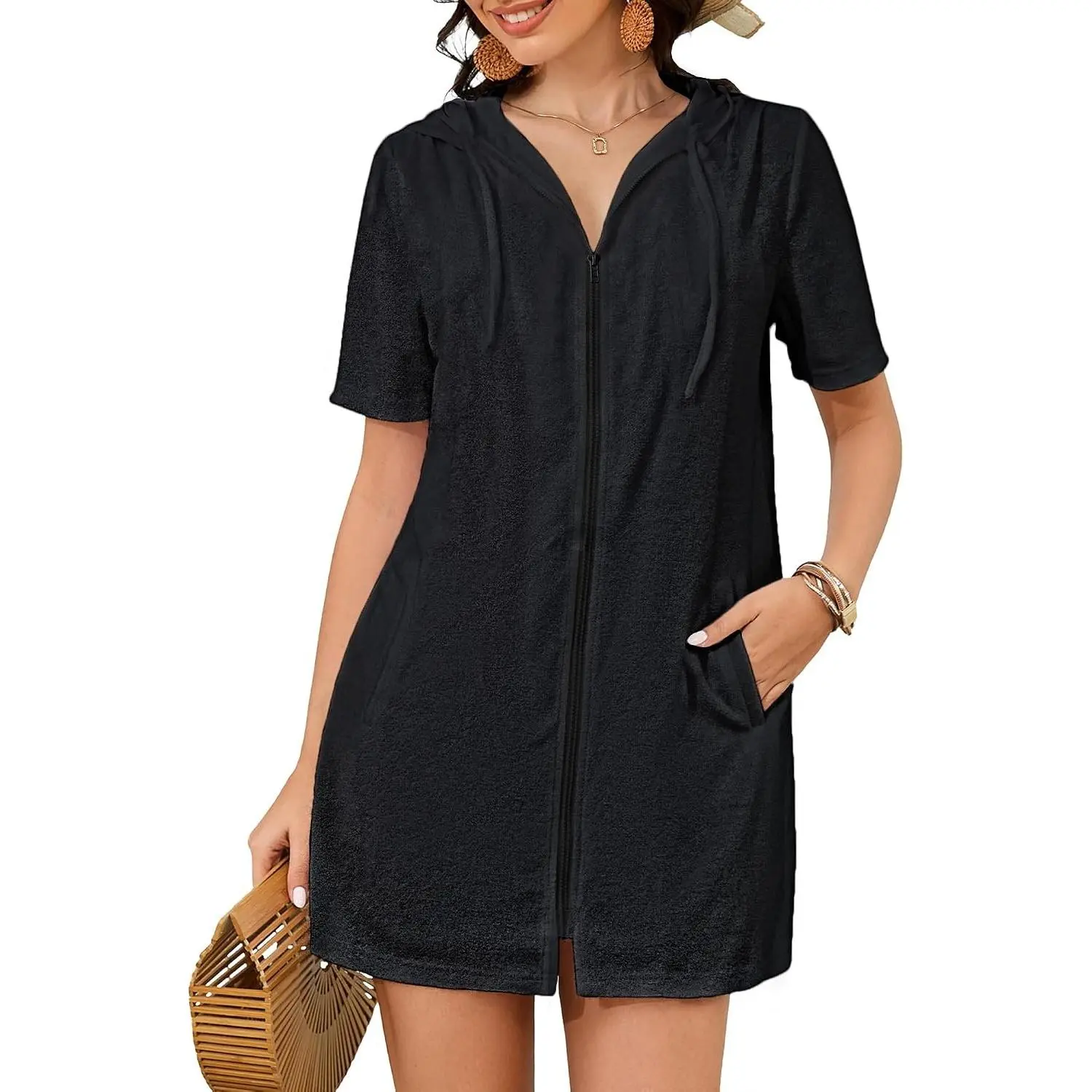Terry Cloth Cover Up - Women 2026 Zipper Swimsuit Coverup Hooded Swim Robes Beach Coverups with Pockets