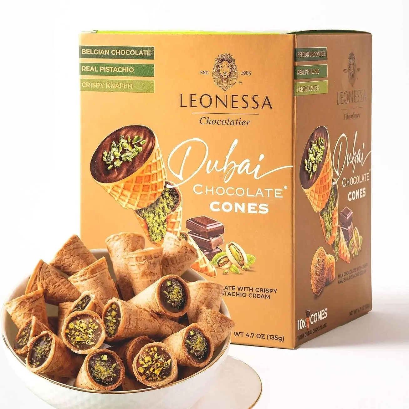 Leonessa Dubai Chocolate Cones with Pistachio Kunafa | Made with Premium Belgian Chocolates | Kunafa Chocolate | Chocolates de Dubai - 4.7 oz