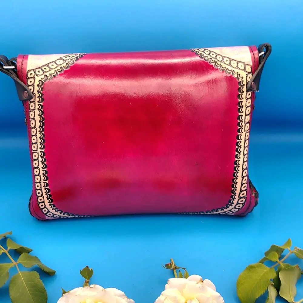 Hand-Painted Natural Leather Bag, Mexican Art Design