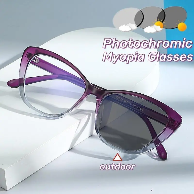 Unisex Cat Eye Myopia Eyeglasses with Photochromic Color Changing Lenses, Ultra-Light Full Rim Frames with Multiple Diopters