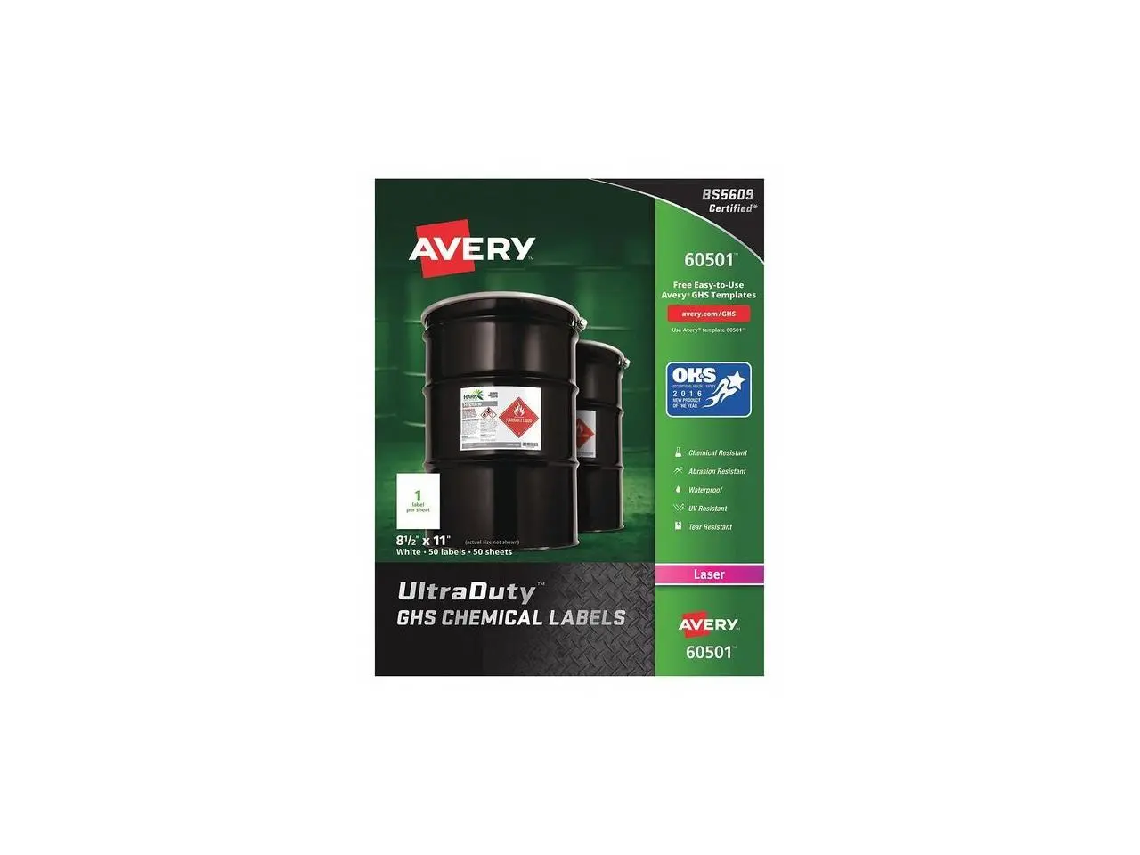 AVERY 60501 8-1/2" x 11" GHS Chemical Labels for Laser Printers, 50