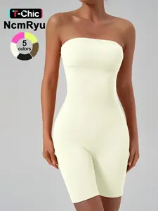 Women's sports strapless jumpsuit shorts with high stretch ribbed seams soft comfortable breathable yoga clothes gym training running cycling clothes indoor and outdoor integrated women's sportswear Sporty Jumpsuit, Workout Jumpsuit