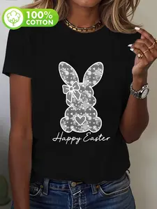 Women's  Short Sleeve Round Neck Blouse - Spring Summer Fall Casual Rabbit Print T-Shirt, Breathable Spring Summer Autumn Shirts Suitable for Casual Wear & Easter Outfits, Machine Washable  Top