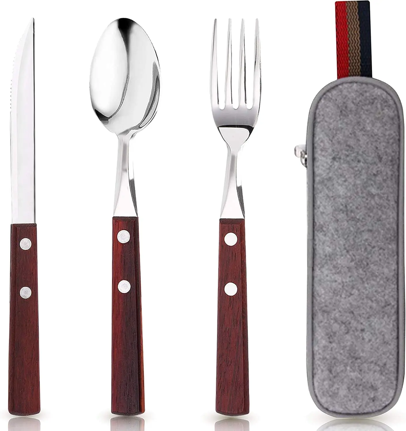 Reusable Travel Flatware Set, Wooden Handle Stainless Steel Knife Fork Spoon Cutlery with Zipper Felt Pouch, Portable Utensils Set for Camping Picnic Office School Outdoor Daily Meal