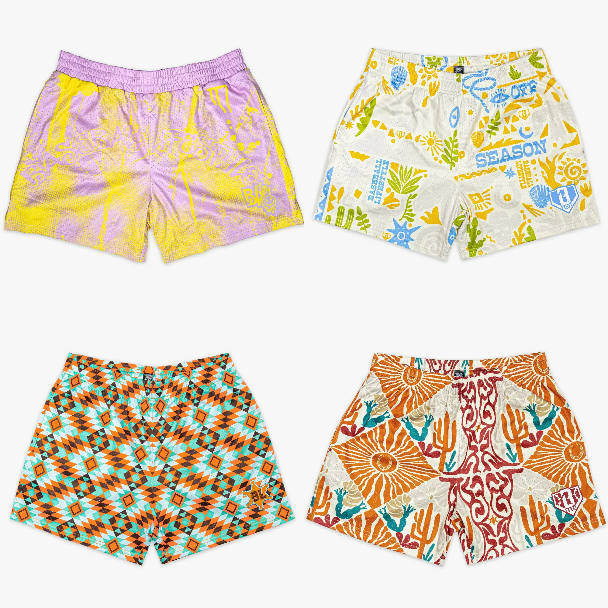 [ Baseball - Lifestyle - 101 ] Premium Men's Graphic Mesh Shorts – Luxury Streetwear & Athletic Gym Shorts: Southwest Aztec Geometric, Desert Cactus & Sun, Pastel Abstract Graffiti & Off-Season Island Doodles Pack