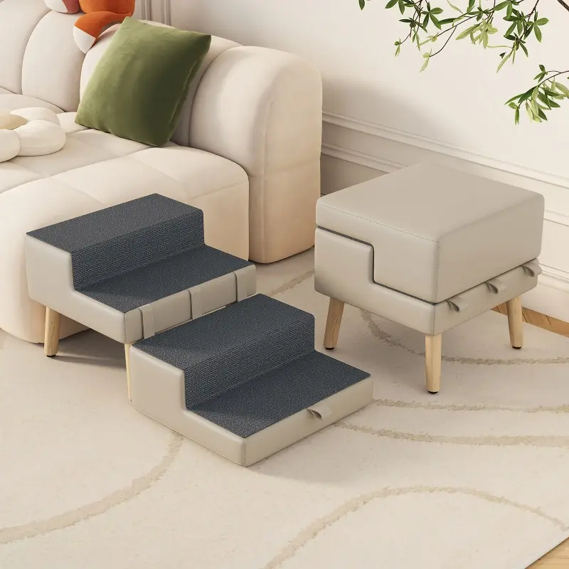 Light Grey 2-in-1 Foldable Ottoman Dog Ramp Stairs - 4-Step, Sturdy Wood Frame, 33.07" L x 17.32" W x 16.14" H, Non-slip Surface, 220 lbs Capacity, Bed Access, Prevents Joint Stress for Small Pets