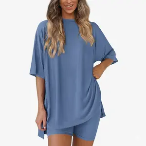 Plus Size 2 Piece Outfits for Women XS-4XL Summer Oversized Tee and Biker Shorts Set Casual Two Piece Lounge Sets Clothes Elastic Chic Matching Cute