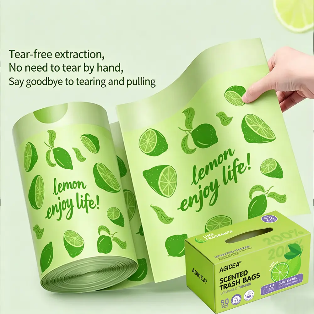 AGEICEA Lemon Scented Drawstring Trash Bags Pack - 50 Count, 0.22mm Thickness, 20L, Leak-Proof Green Design, Fresh Fragrance for Toilet/Kitchen Home Supplies