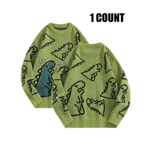 Men's Cartoon Dinosaur Print Drop Shoulder Sweater, Regular Fit Casual Long Sleeve Round Neck Jumper for Fall & Winter, Fashion Men's Knitwear for Daily Wear