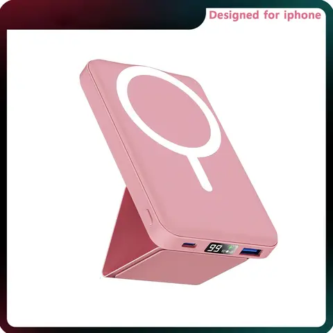 Podoru MagSafe Foldable Silicone Magnetic Power Bank 10000mAh - Wireless Charger with Foldable Stand, USB-C Cable, Manufacturer Warranty, Charging Protection for iPhone 17/16/15/14/13/12 Series Smartphone Device (Pink) - Mobile Phone Accessory