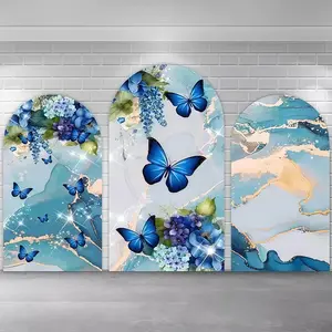 Luxury Blue Butterfly Floral Arch Covers Stretchy Backdrop – Gold Marble Design, Perfect for Girls’ Birthday & Elegant Event Photo Backdrop