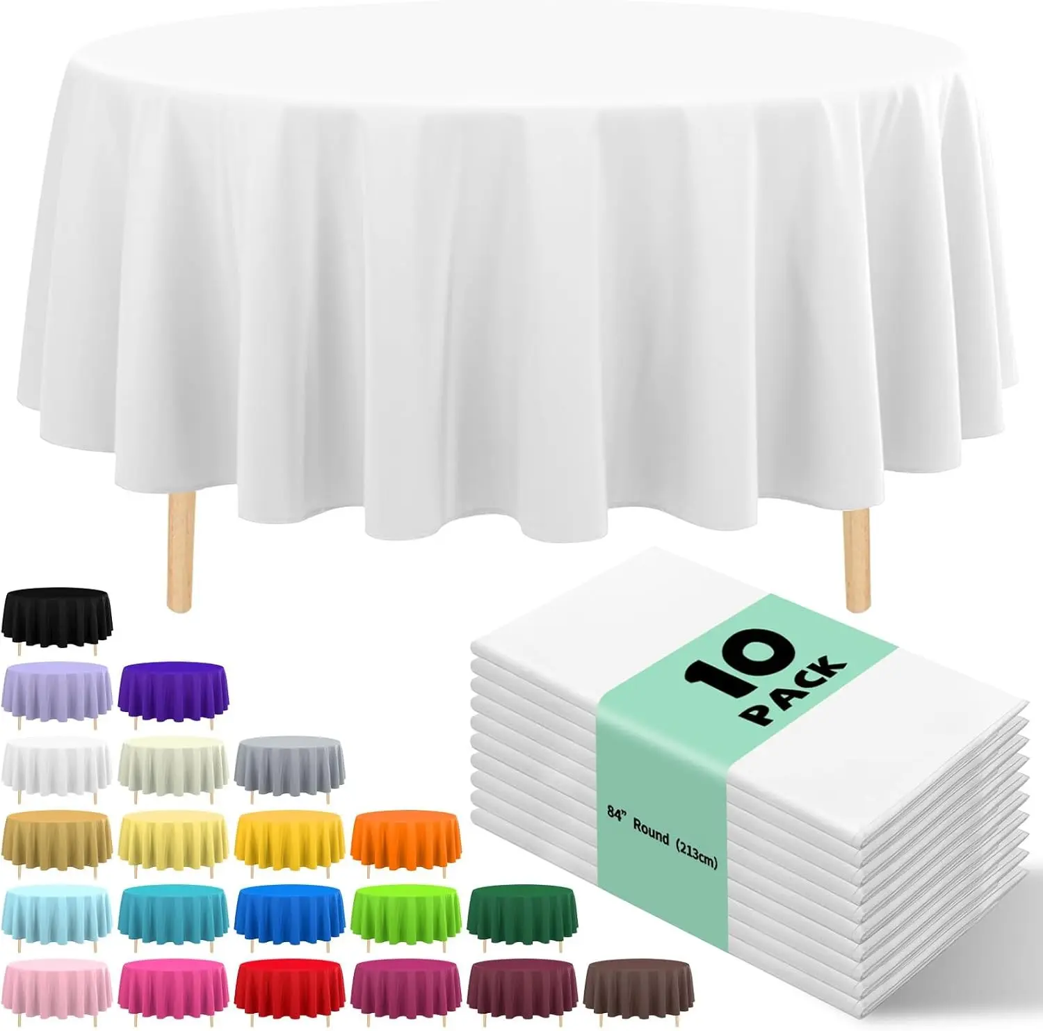 10 Pack Premium Disposable Plastic Tablecloth 84" Round Table Cover for Birthdays Weddings Christmas Anniversary Buffet Table (White)