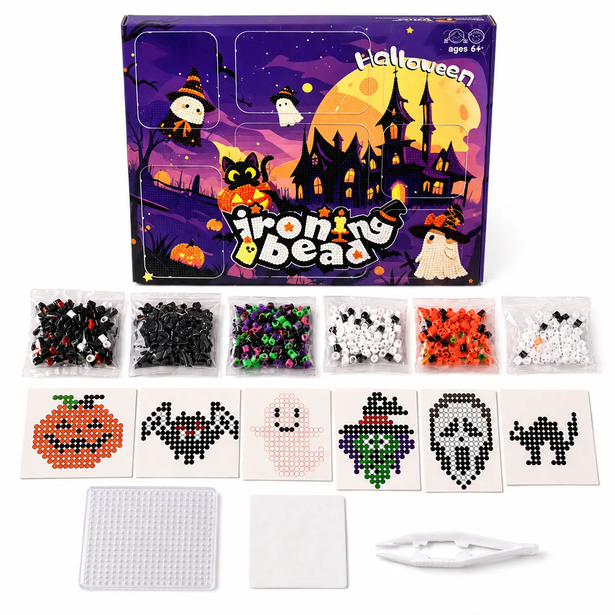 Halloween DIY Perler Bead Kit, includes 900 beads, 6 pattern cards, a transparent pegboard, tweezers, and ironing paper, perfect for DIY pixel art crafts, Halloween gift