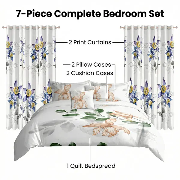 7‑piece comforter set (Floral Bedding): 1 Bedspread+2 Pillowcases+2 Cushion Cases+2 Curtains, all‑season, suitable for home decoration, making the bedroom more beautiful