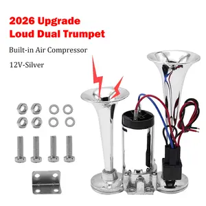 Chrome Dual Trumpet 12V Vehicle Horn, Built-in Air Compressor, Universal Fit with Hassle-Free Install Wiring Kit
