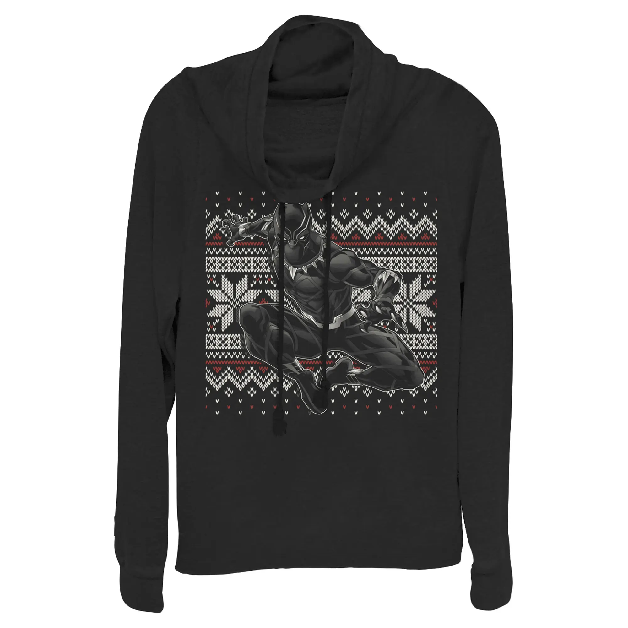 Juniors Womens Marvel Black Panther Knit Pattern Print Cowl Neck Sweatshirt
