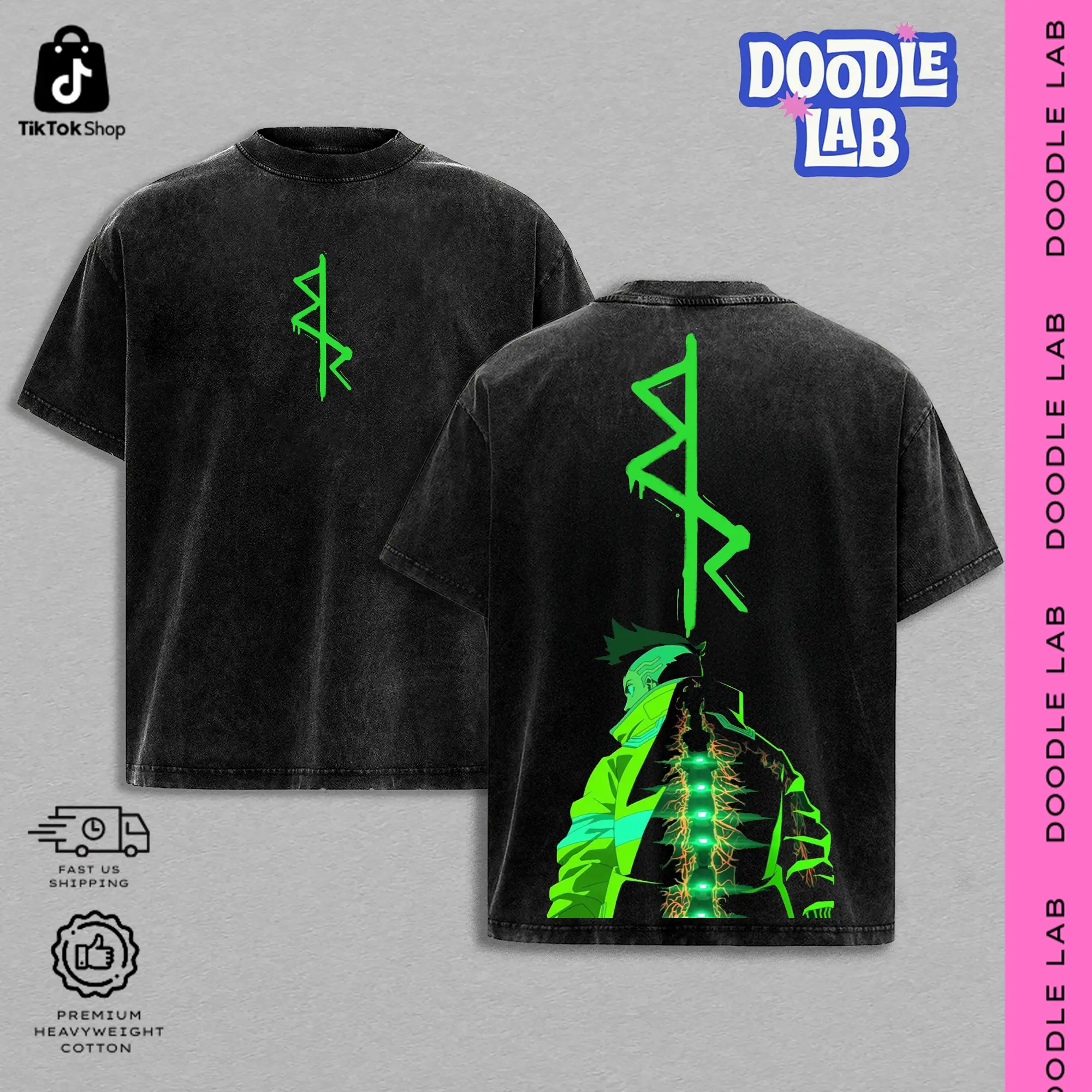 Neon Spine Warrior Graphic Vintage Washed T-Shirt Heavyweight Cotton Oversized Streetwear Unisex Tee