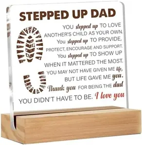 Stepdad Gifts from Stepdaughter Stepson for Fathers Day, Gifts for Step Father Bonus Dad Birthday Christmas Father's Day, Stepped up Dad Acrylic Desk Decorative Sign for Home Decor, 4 x 4 Inches