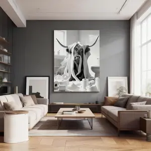 Funny Highland Cow Black And White HomeDecor WallArt LivingRoom Canvas for Bedroom Decor Canvas Poster Aesthetic Office Bathroom Painting Picture Print Modern Family