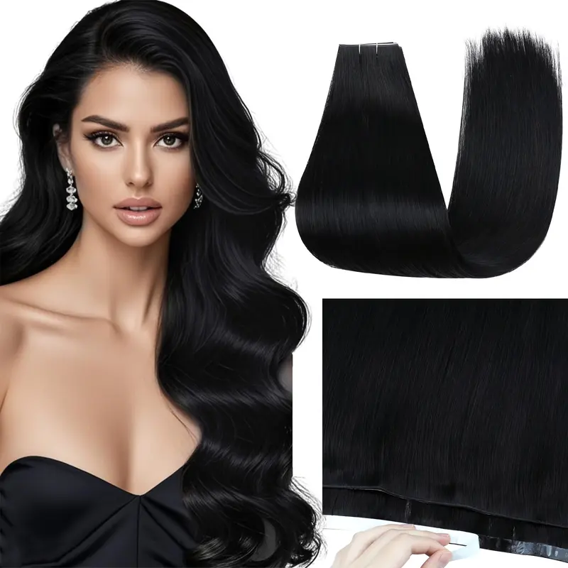 Ve Sunny Tape-In Hair Extensions Weft - Real Human Hair, Hand-Tied Natural Straight, 50g 18-24in, Everyday Casual & Formal Wear, Easy Tape Closure, Seamless Blend for Women