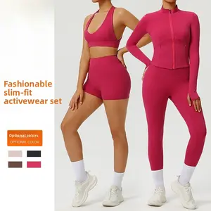 Women’s Pink Yoga Set 2 Piece, Workout Leggings with Matching Zip , High Waist Compression Pants, Full Zip Athletic , Tummy Control Butt Lift, Gym Activewear, Running Outfit, Moisture Wicking Fabric, Slim Fit for Women.  Zip-Up  Pocket Sports Jacket