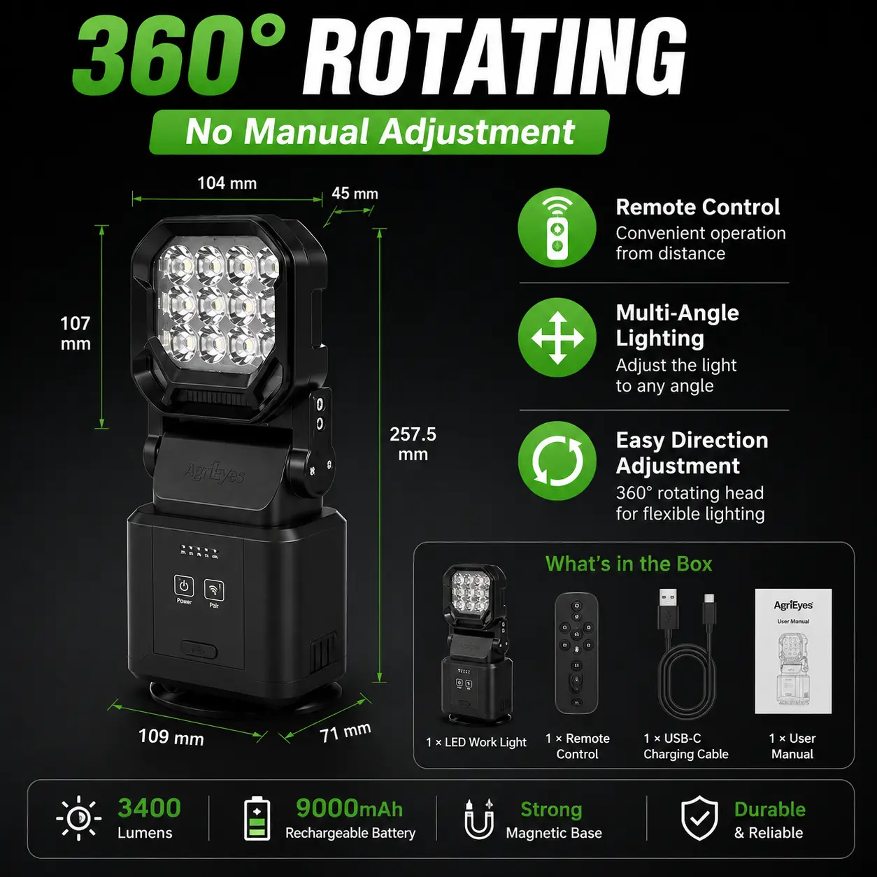 AgriEyes Rechargeable Magnetic LED Work Light - Compact USB-C Flashlight, High-Lumen Truck Accessories for Cars & Off-Road Use#tiktokshopstockup