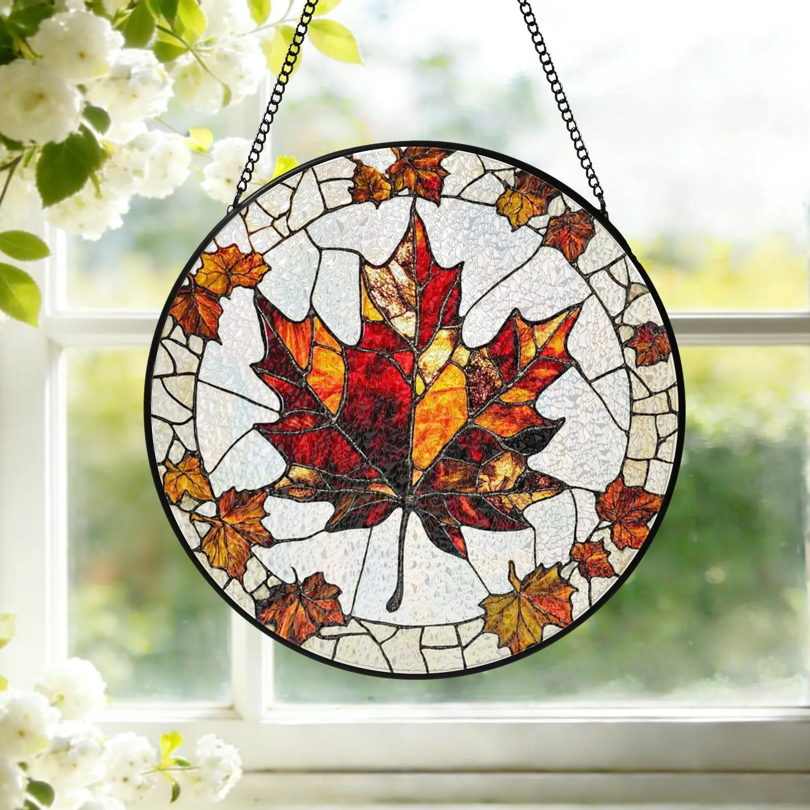 [Circle] Autumn Maple Leaf Stained Glass Suncatcher, Fall Leaves Window Hanging Decor, Canadian Maple Leaf Sun Catcher, Autumn Home Decor Gift S123