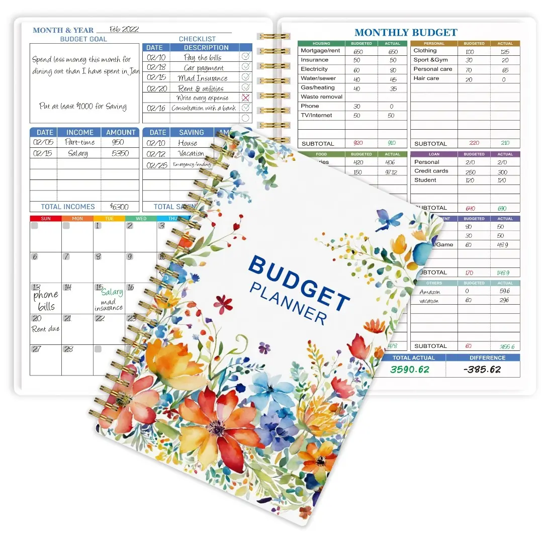 1pc Budget Planner - Monthly Finance Checklist Organizer With Expense Tracker Notebook, Undated Finance Planner/Account Book, Budget Planner And Monthly Bill Organizer, Start Anytime, A5, Water Flower