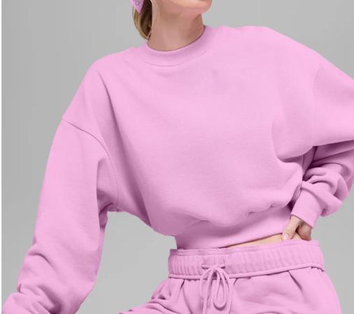 Women's Pink Cotton Crewneck Sweatshirt Set – Casual Pullover Hoodie & Jogger Pants 2 Piece Loungewear Set