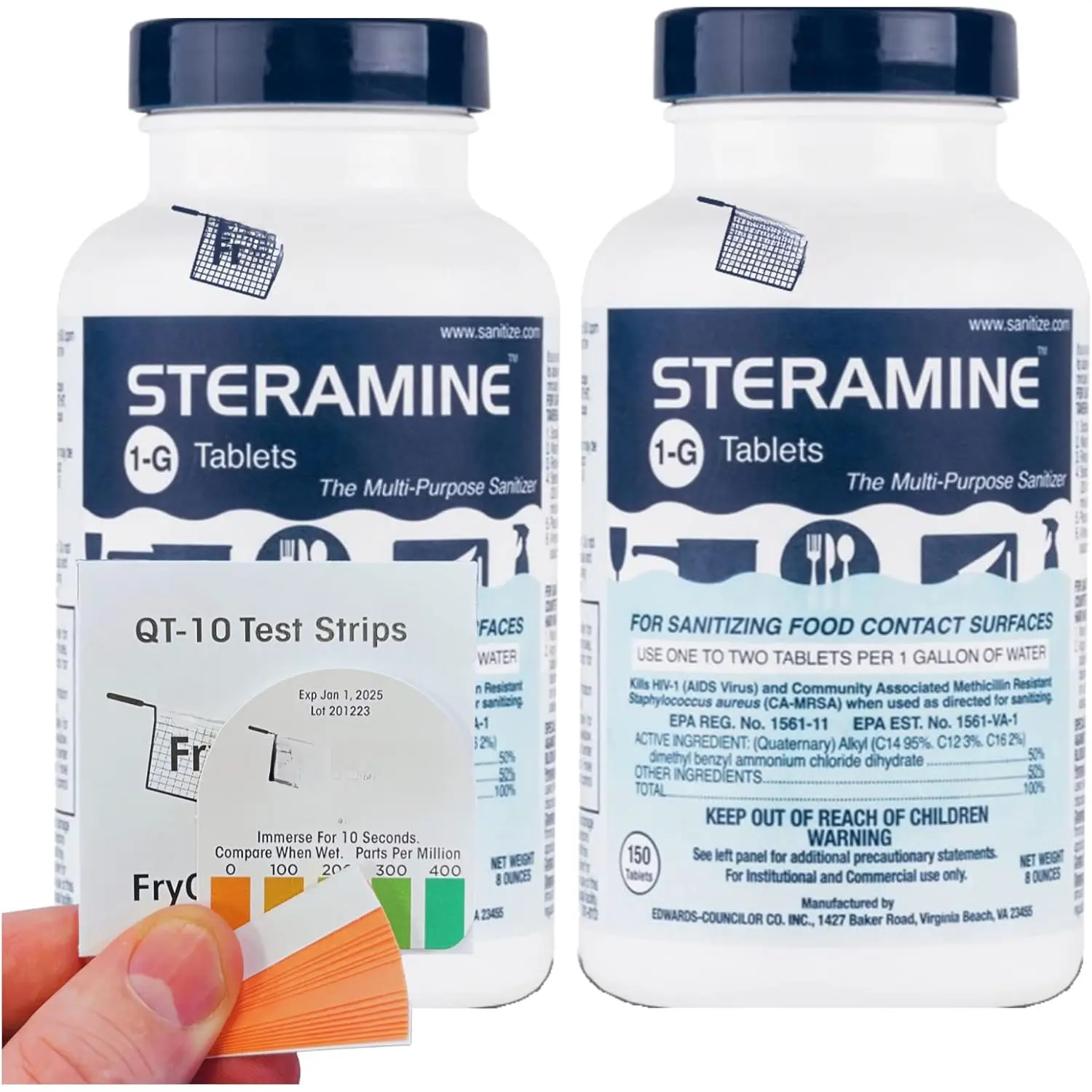 2 Bottles Steramine Sanitizer Tablet 15xQT-10 Test Strip, Multi Purpose Steramine Sanitizing Tab for  Contact Surface Kitchen, Restaurant, Diner &  Service by  Co. (300 Tablets)