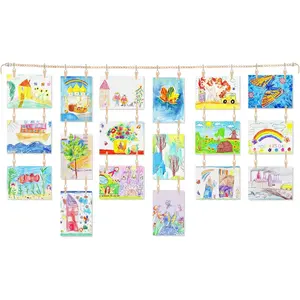 65" L Wooden Beads Garland Holder with 36 Clips for Kids Artwork Photo Display Boho Wall Art Kids Room Decor